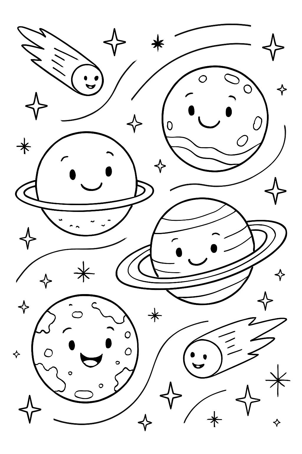 A row of friendly planets with faces, rings, and textures floating through space, comets flying past, twinkling stars, playful orbits looping around, and a cheerful educational cartoon style.