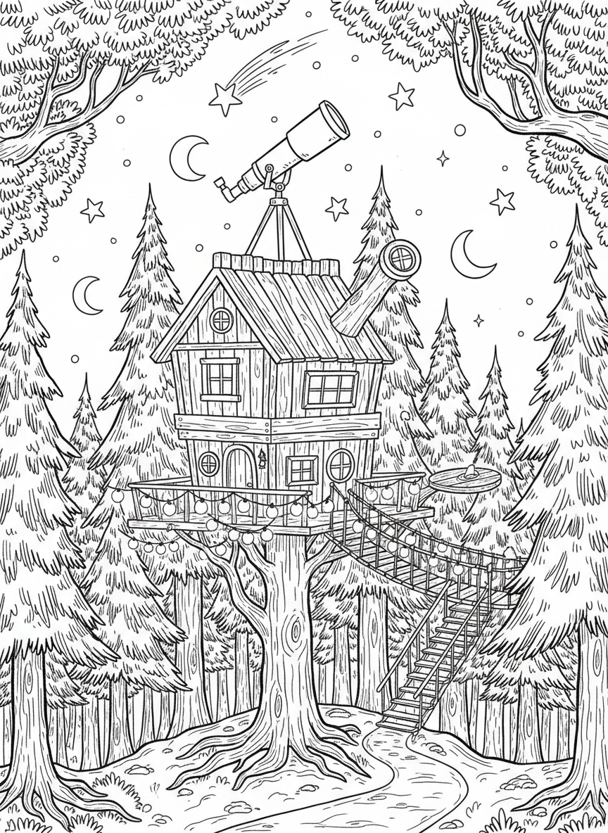 A treehouse with string lights and a telescope, surrounded by pine trees under a starry sky with a shooting star.