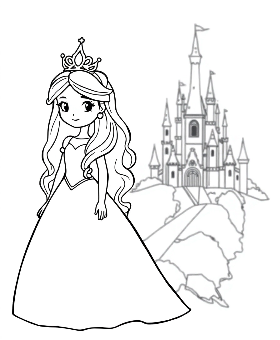 A princess standing regally with flowing hair and a jeweled crown, a fairytale castle in the distance