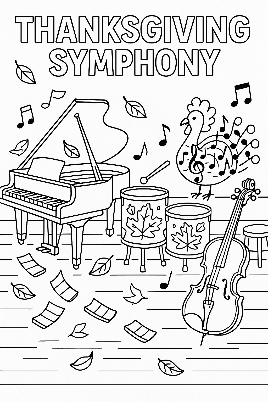 Music studio where instruments play thanksgiving symphony by themselves, piano keys moving like falling leaves, drums decorated with autumn patterns, musical notes forming turkey shape