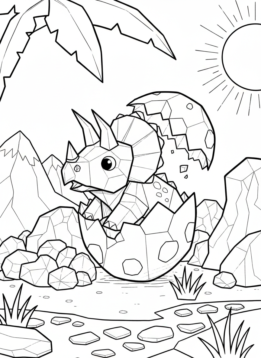 A cute baby origami Triceratops hatching from a geometric egg, with simple angular shapes and fold lines visible on its small body.