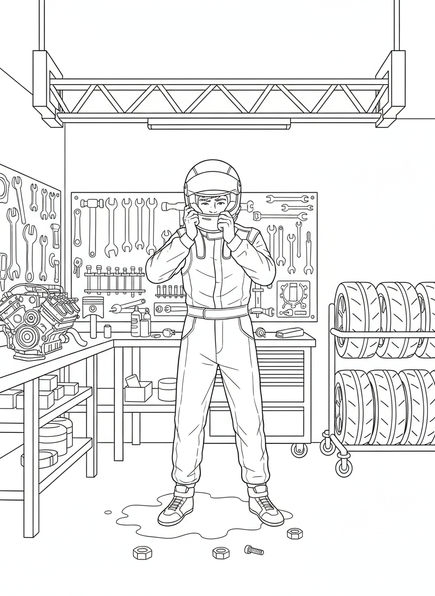 A young race car driver putting on their racing helmet in the garage, surrounded by tools and equipment on the walls.