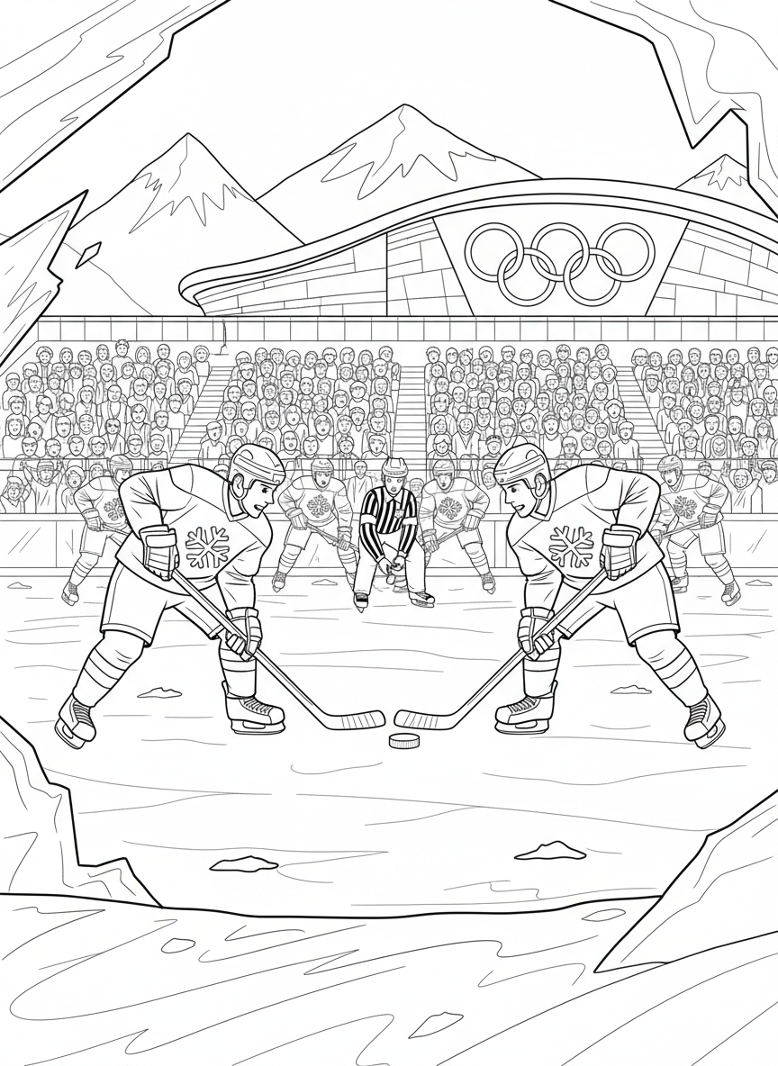 Winter Olympics coloring page prompts capturing snowy venues, cold-weather sports, and dramatic winter competition.	A hockey faceoff on Olympic ice, players crouched low as the puck drops and action explodes forward.