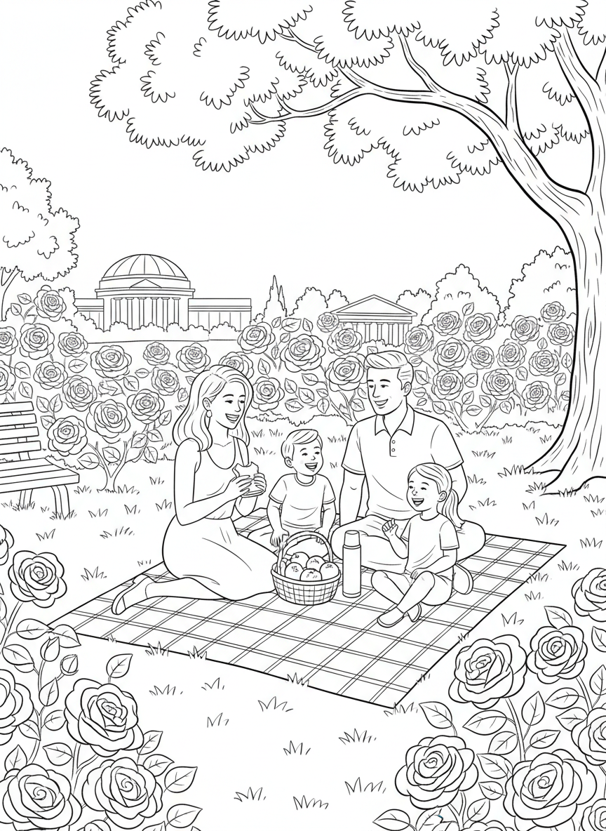 A family having a picnic at Exposition Park with the rose garden flowers blooming all around them