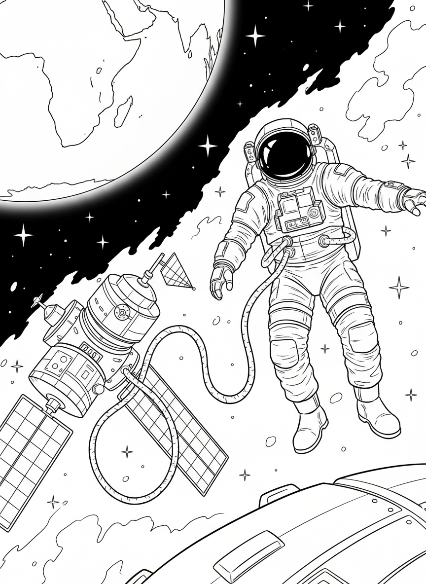 An astronaut floating outside a spacecraft while tethered safely, with Earth glowing in the distance and stars scattered across space.