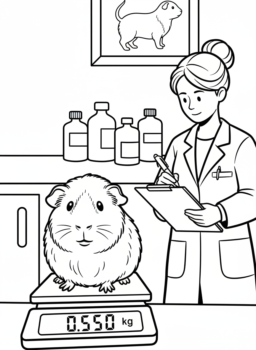 A guinea pig on a weight scale with a digital display, veterinarian writing down measurements on a chart