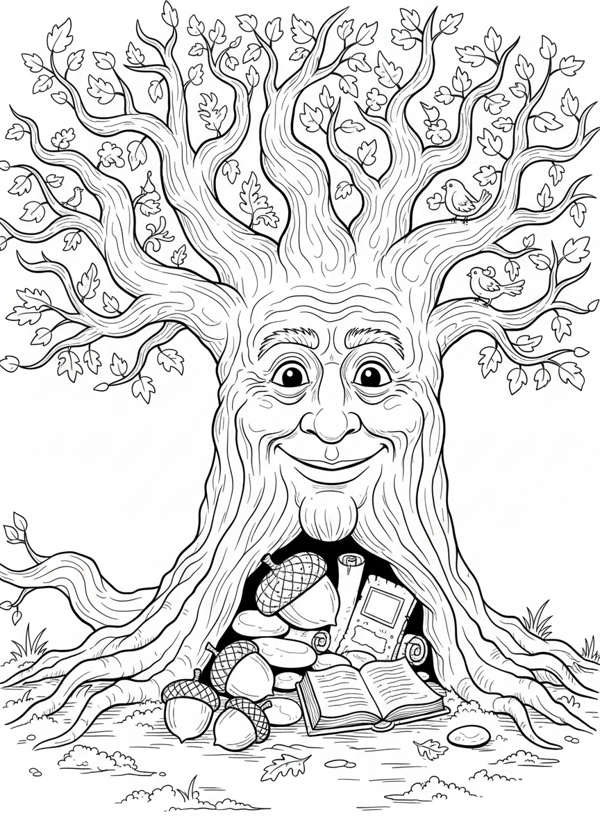 A wise old tree with a friendly face, gnarled branches, and a hollow trunk filled with forest treasures and acorns