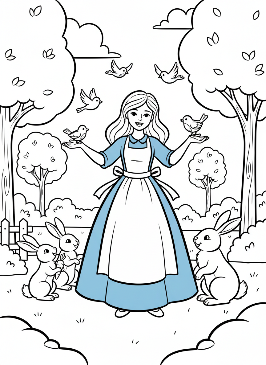 A kind-hearted girl in a blue dress with an apron, surrounded by friendly woodland animals including birds and rabbits
