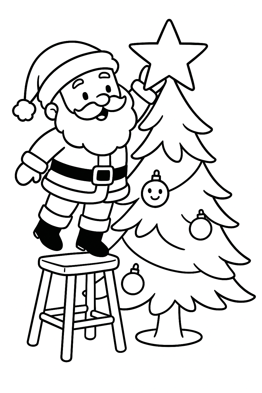 Santa standing on a tiny stool reaching up to place one big star on a Christmas tree. One ornament smiles up at him.