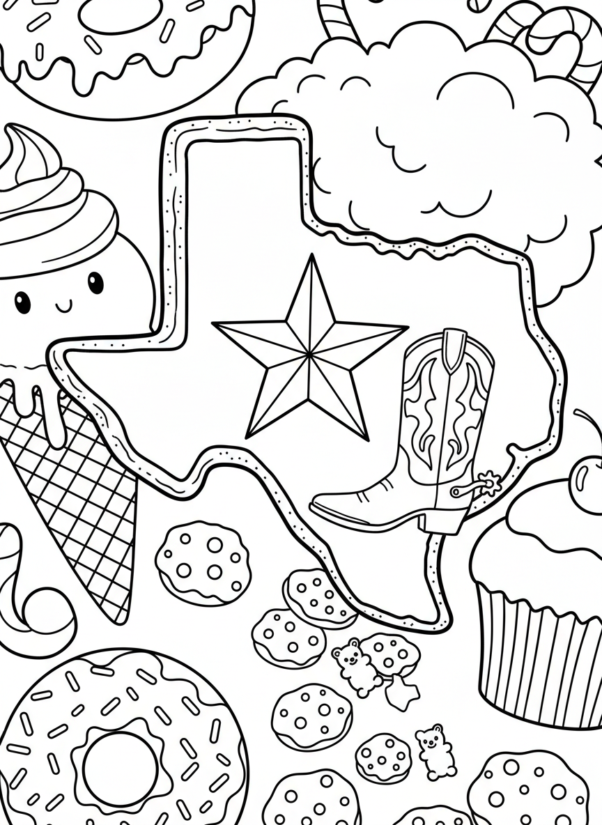 A Texas-shaped cookie decorated with a star and cowboy boots, fun food-themed line art for younger kids