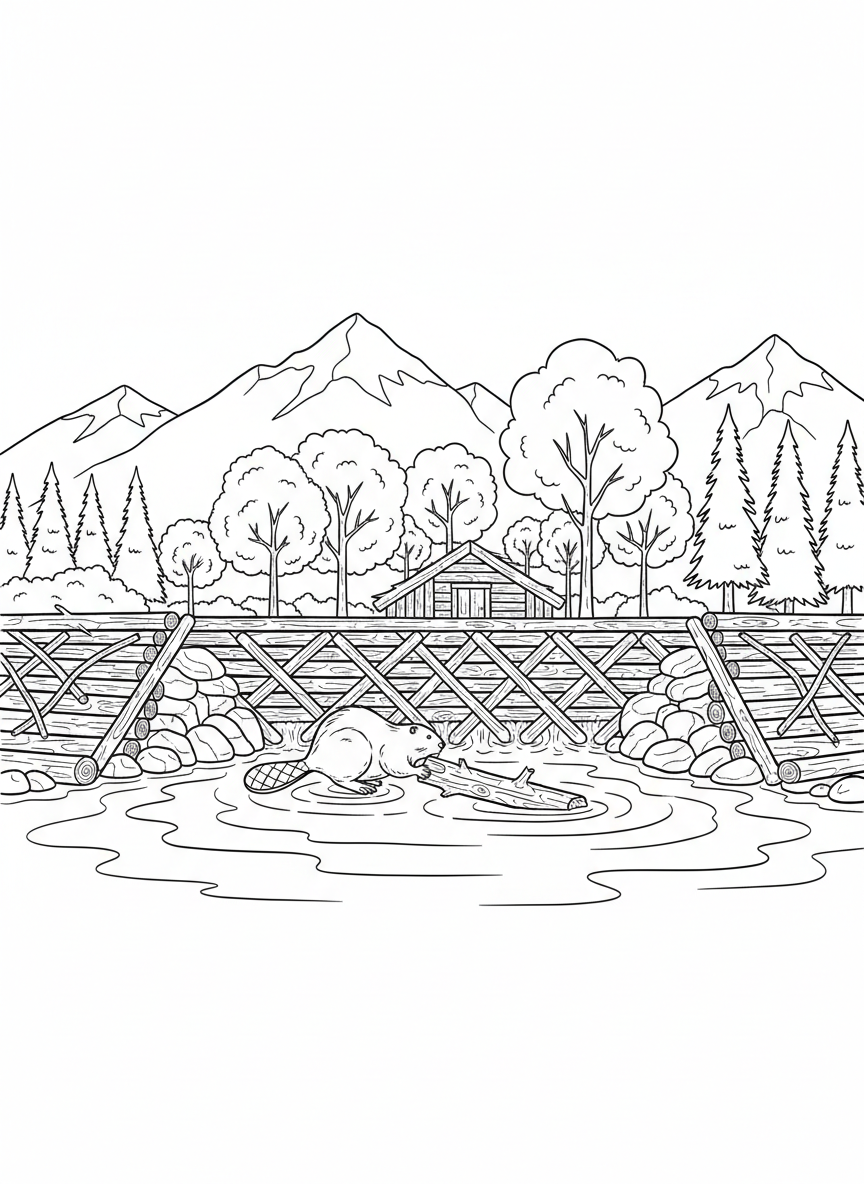 A wide scene of a beaver pond habitat with dam, lodge, trees, and a beaver working, mountains in distant background
