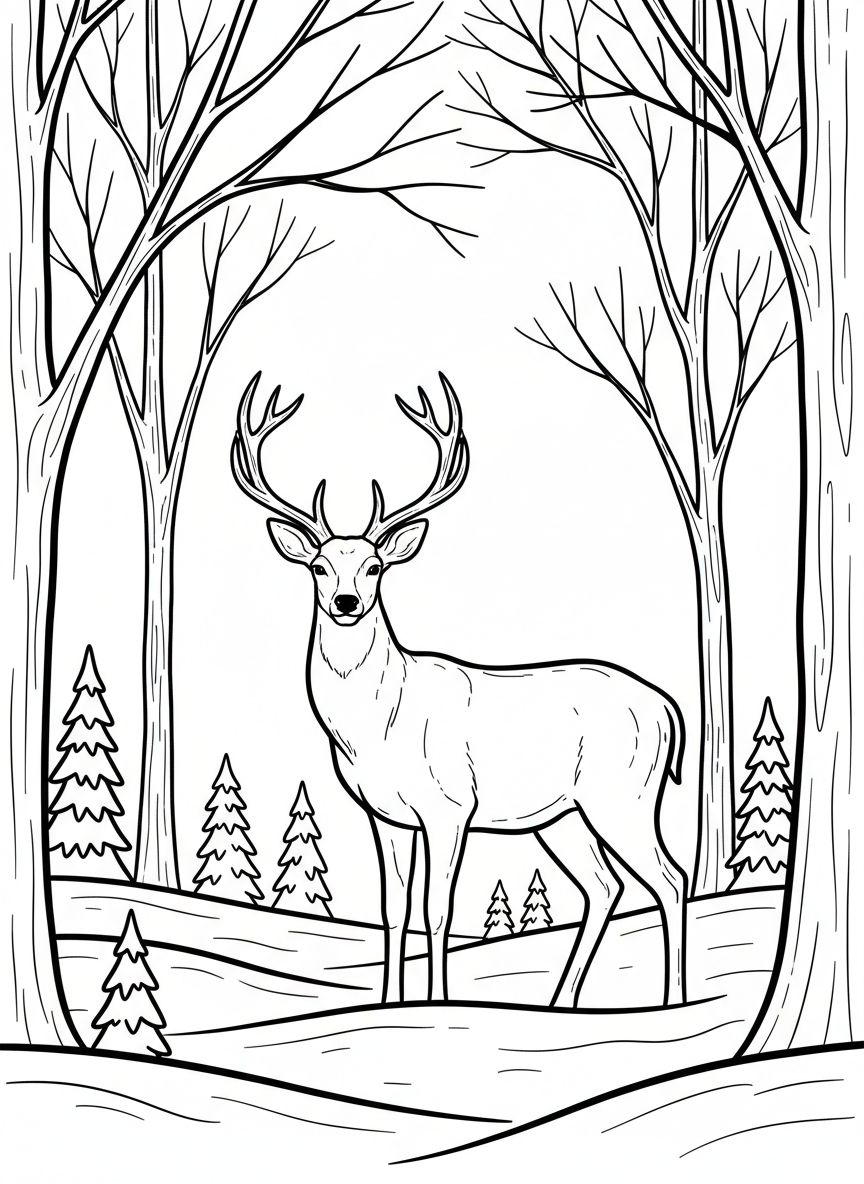 A winter forest scene with bare trees, a deer standing among them, and gentle snow covering the ground