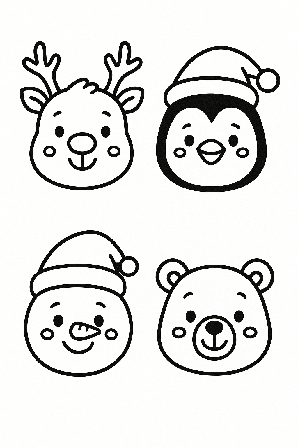 Cute Christmas character icons: smiling reindeer head, penguin head, snowman head, polar bear head — all simple bold outlines