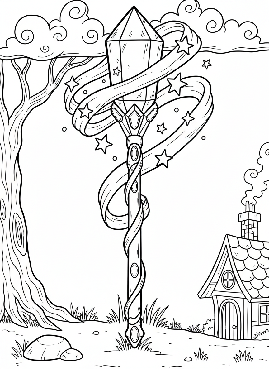 A magical wand topped with a large crystal point, decorated with ribbons, stars, and smaller gems along the handle.