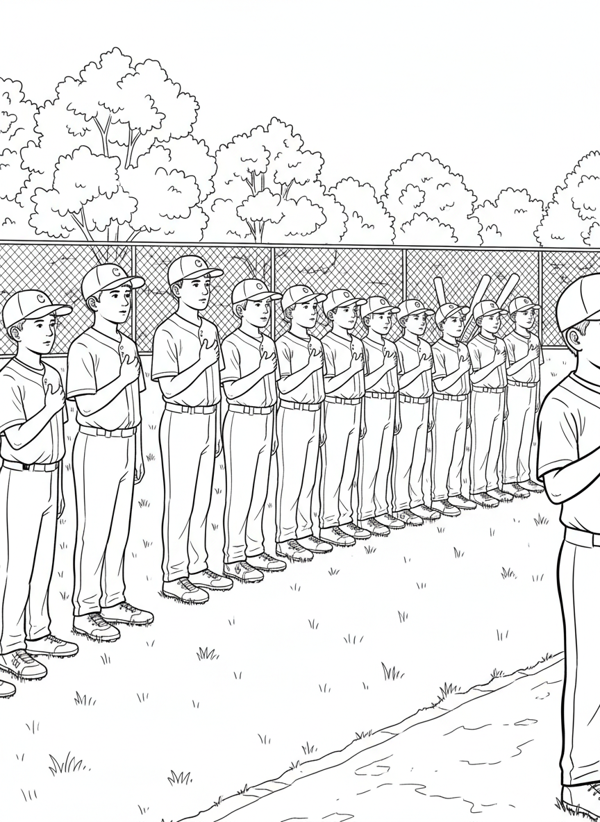 A Little League team lined up for the national anthem before the game, hands over hearts, wearing their uniforms proudly.