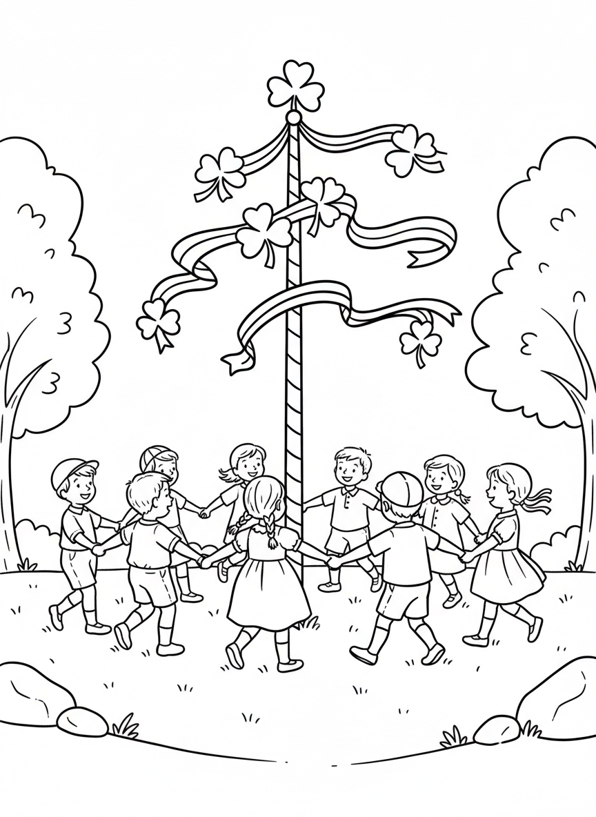 Children holding hands in a circle around a maypole decorated with green streamers and shamrocks, celebrating together outdoors.