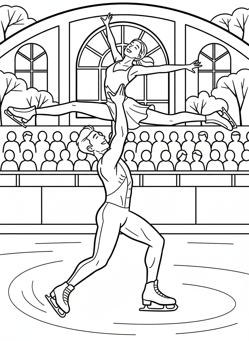 A pairs figure skating team performing a lift, with one skater holding their partner overhead on the ice rink.