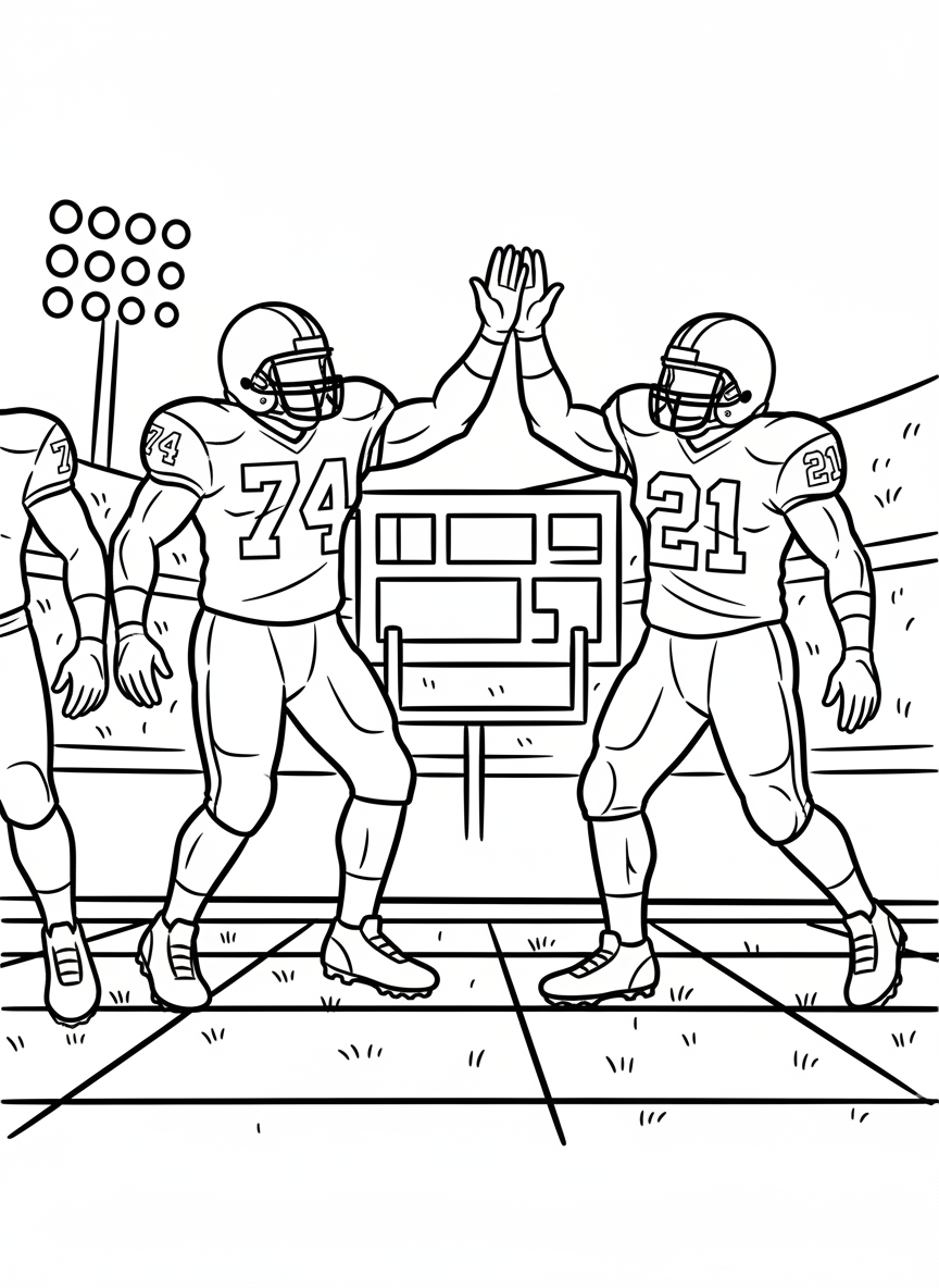 Two football players giving each other a high-five on the field, wearing helmets and jerseys with numbers, celebrating a touchdown.