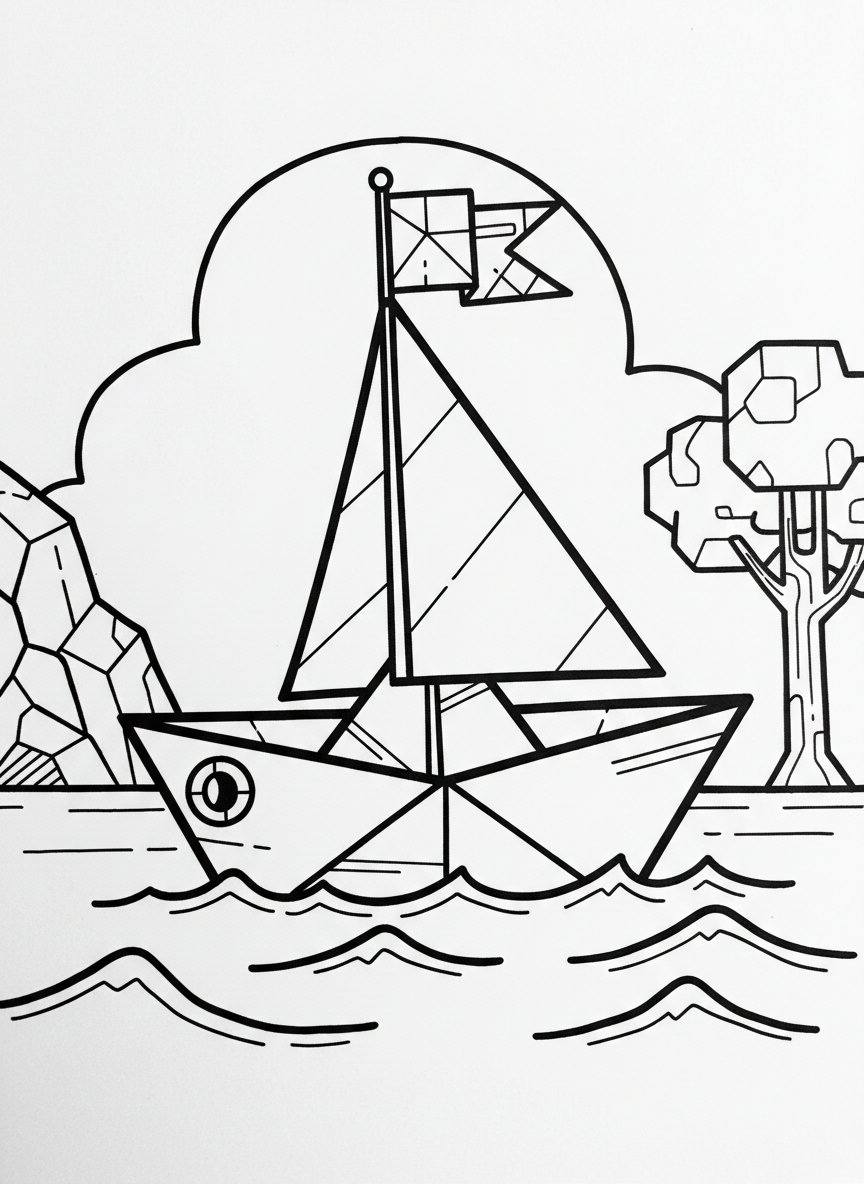 A simple origami boat robot with rectangular hull, triangular sail, and geometric flag floating on wavy water lines