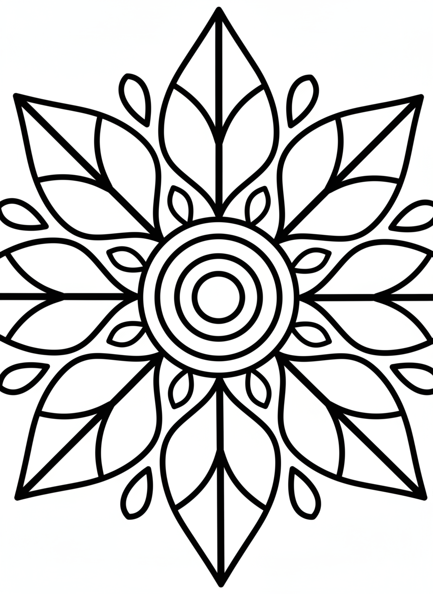 A basic mandala with oversized leaf shapes radiating from a circular center, each leaf having simple vein lines