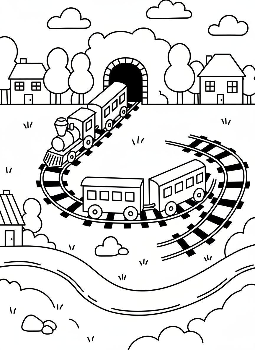 A cute toy train set winding through a miniature town with tiny houses, trees, and a tunnel, bird's eye view perspective