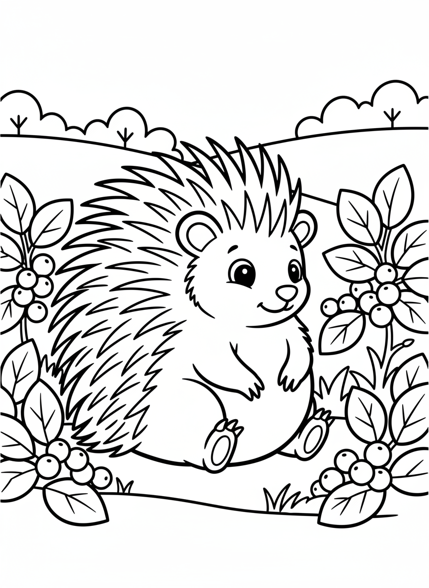 A porcupine with quills sitting near berry bushes, simple line drawing for kids