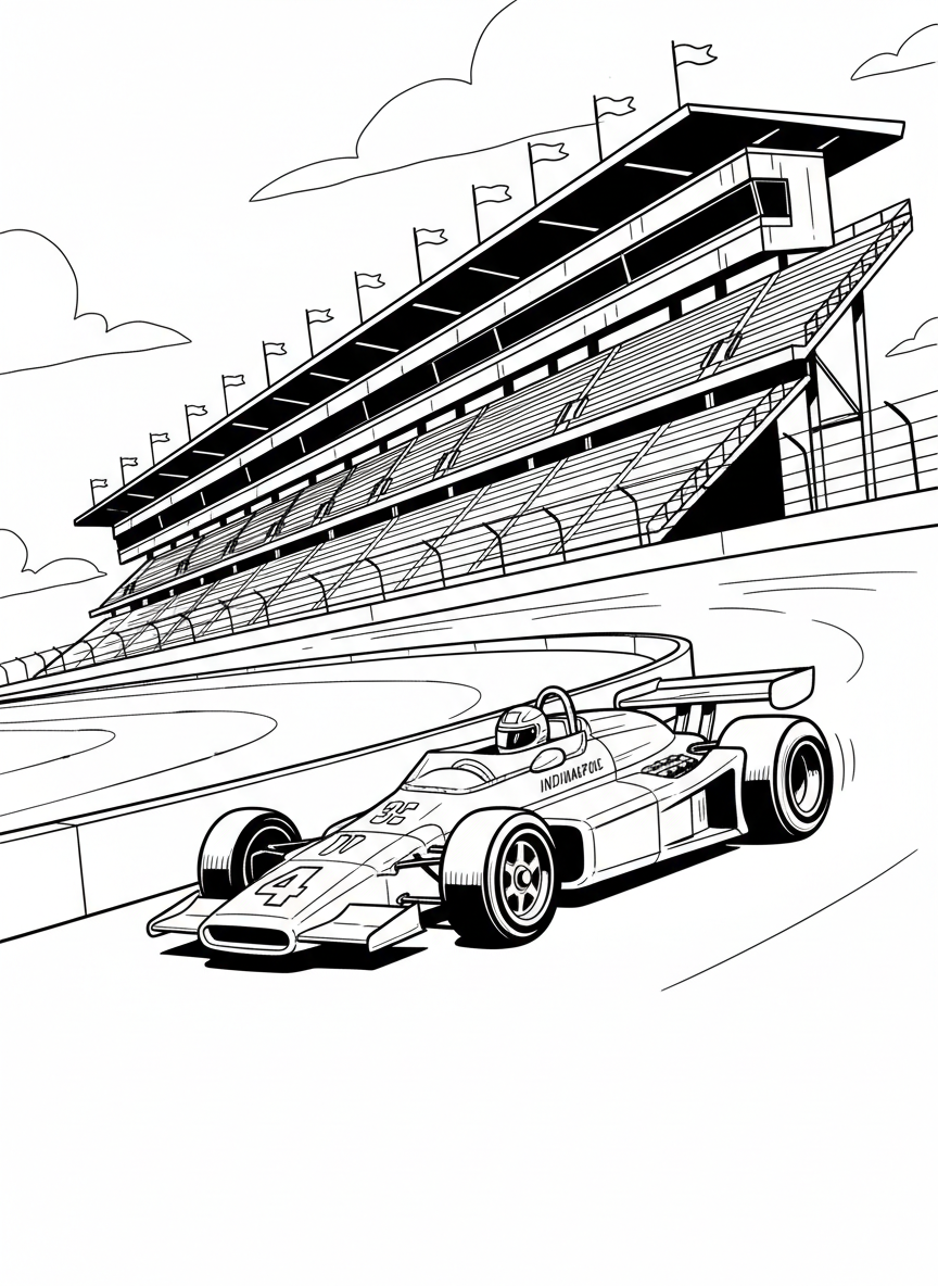 A race car speeding around the Indianapolis Motor Speedway track with grandstands in the background, simple line art perfect for coloring.