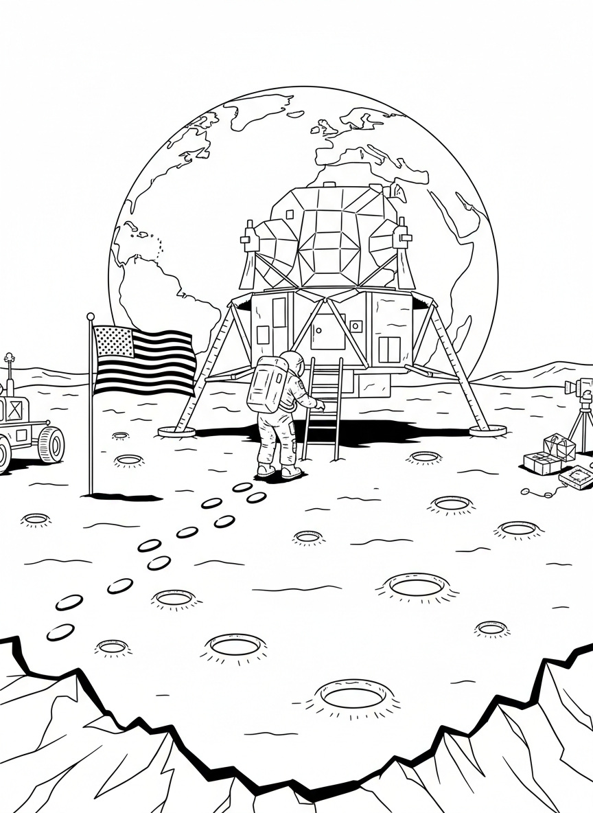 A lunar module landing on the moon with an astronaut climbing down the ladder, historic space exploration scene.