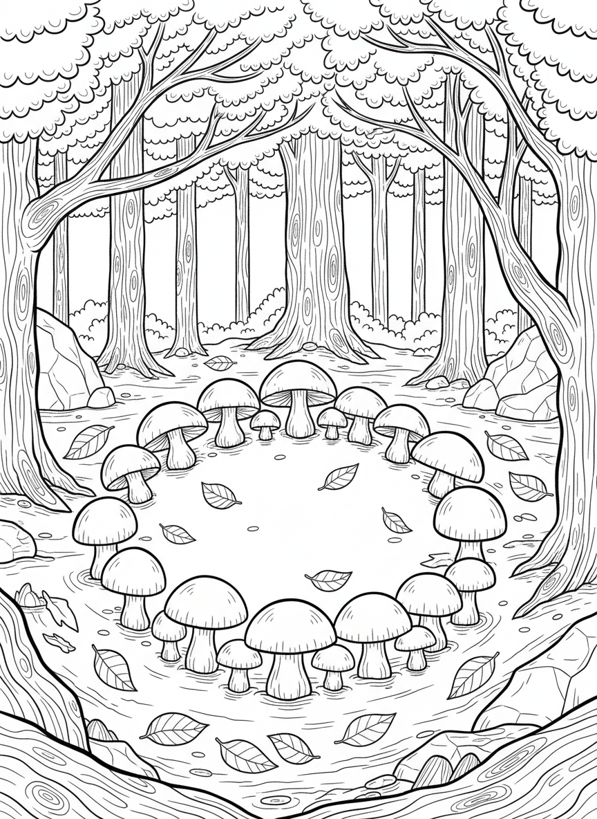 A fairy ring of mushrooms arranged in a perfect circle in a forest clearing, with leaves scattered on the ground.