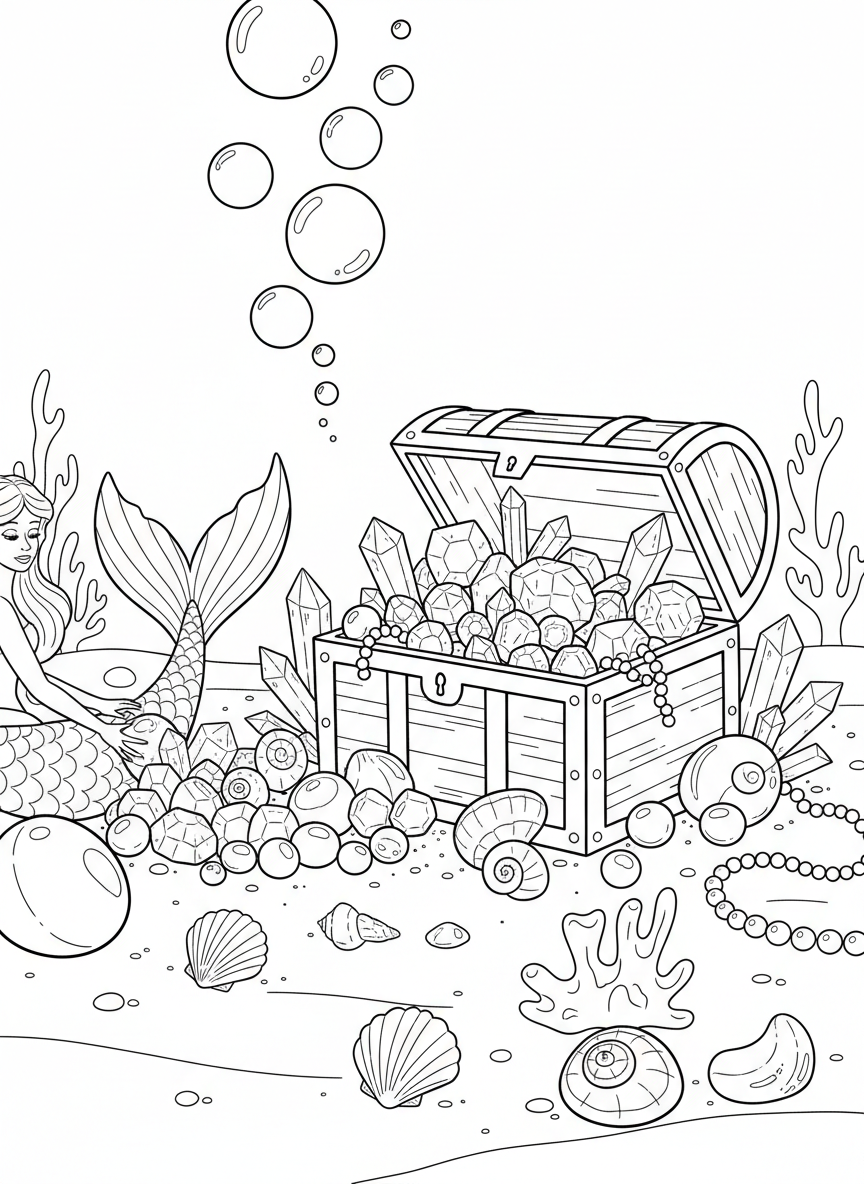 A mermaid's treasure collection featuring scattered gemstones, pearls, and crystals on the ocean floor with seashells and bubbles.