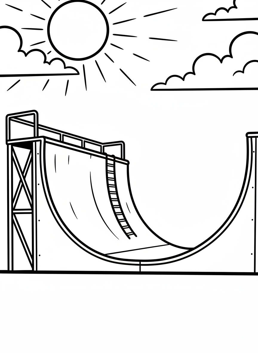 A detailed half-pipe ramp from the side view showing its curved structure, ladder on the side, clouds and sun above.