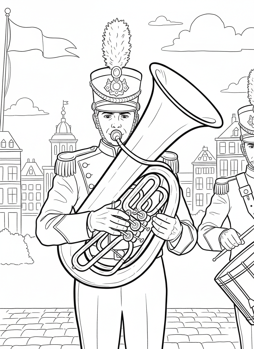 A marching band tuba player in full uniform with tall hat, holding the large brass instrument, detailed character