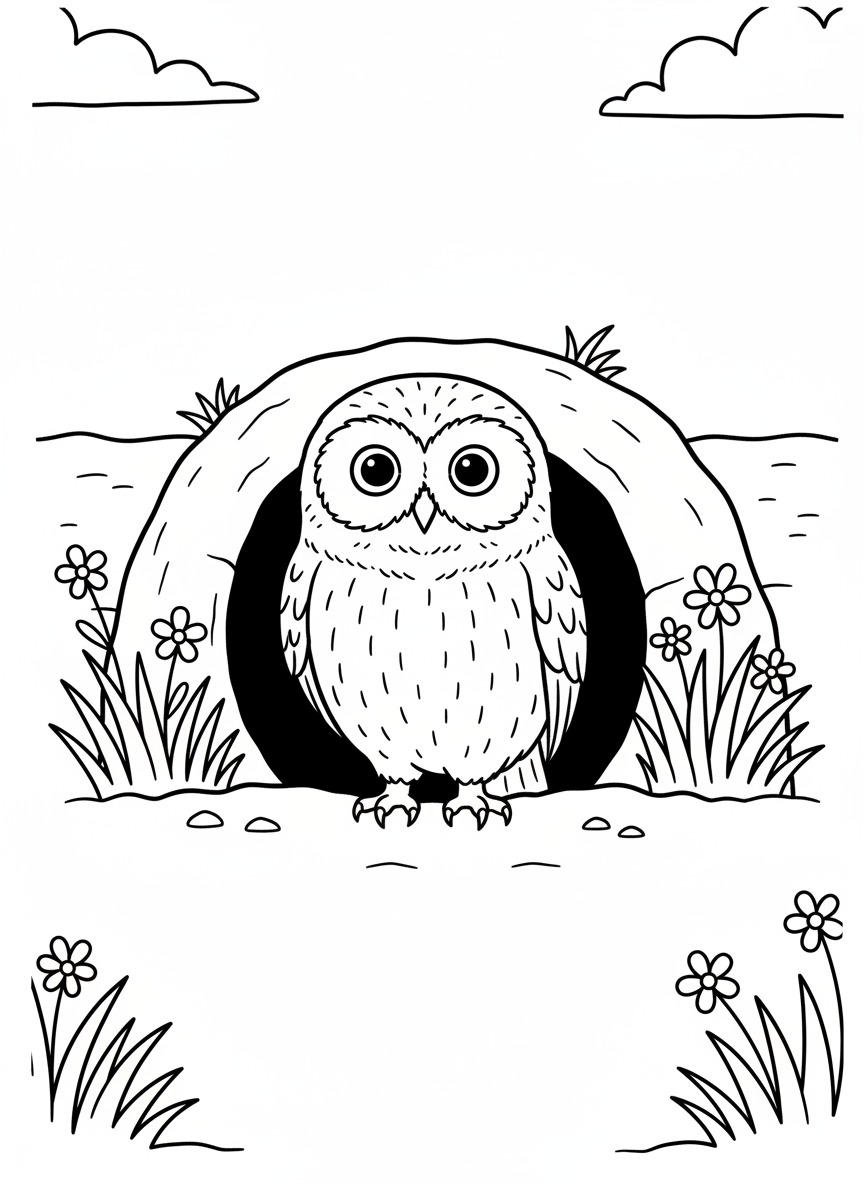 A burrowing owl standing at the entrance of its underground home, with small flowers and grass nearby
