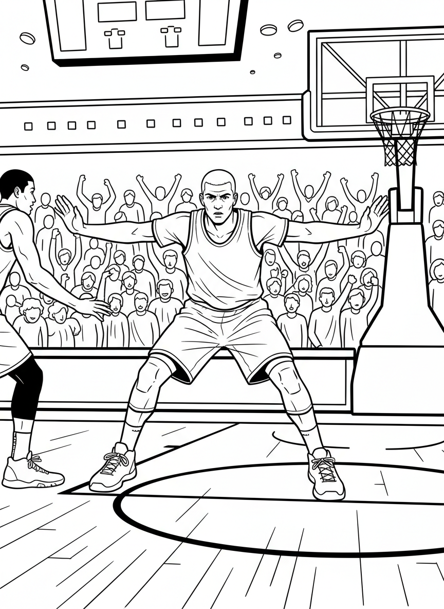 A basketball player defending with arms outstretched, guarding an opponent during a tense championship game moment.