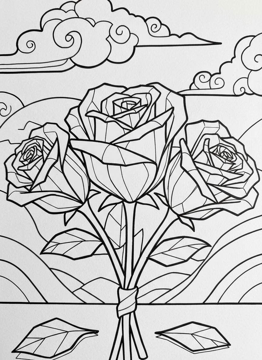 Three origami roses at different stages of bloom, showing paper fold lines and spiral petal patterns, arranged in a small bouquet.