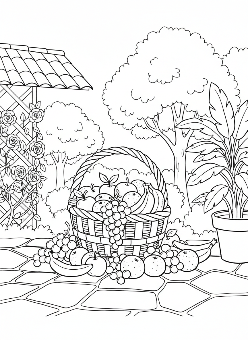 A fruit basket overflowing with apples, bananas, grapes, and oranges, detailed arrangement for older kids
