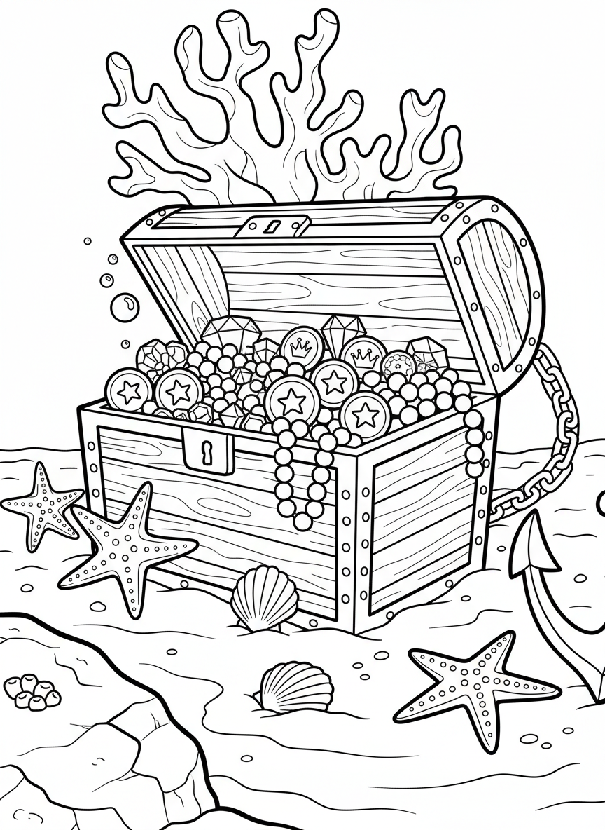 A treasure chest overflowing with pearls, coins, and jewels resting on the sandy ocean floor with starfish nearby