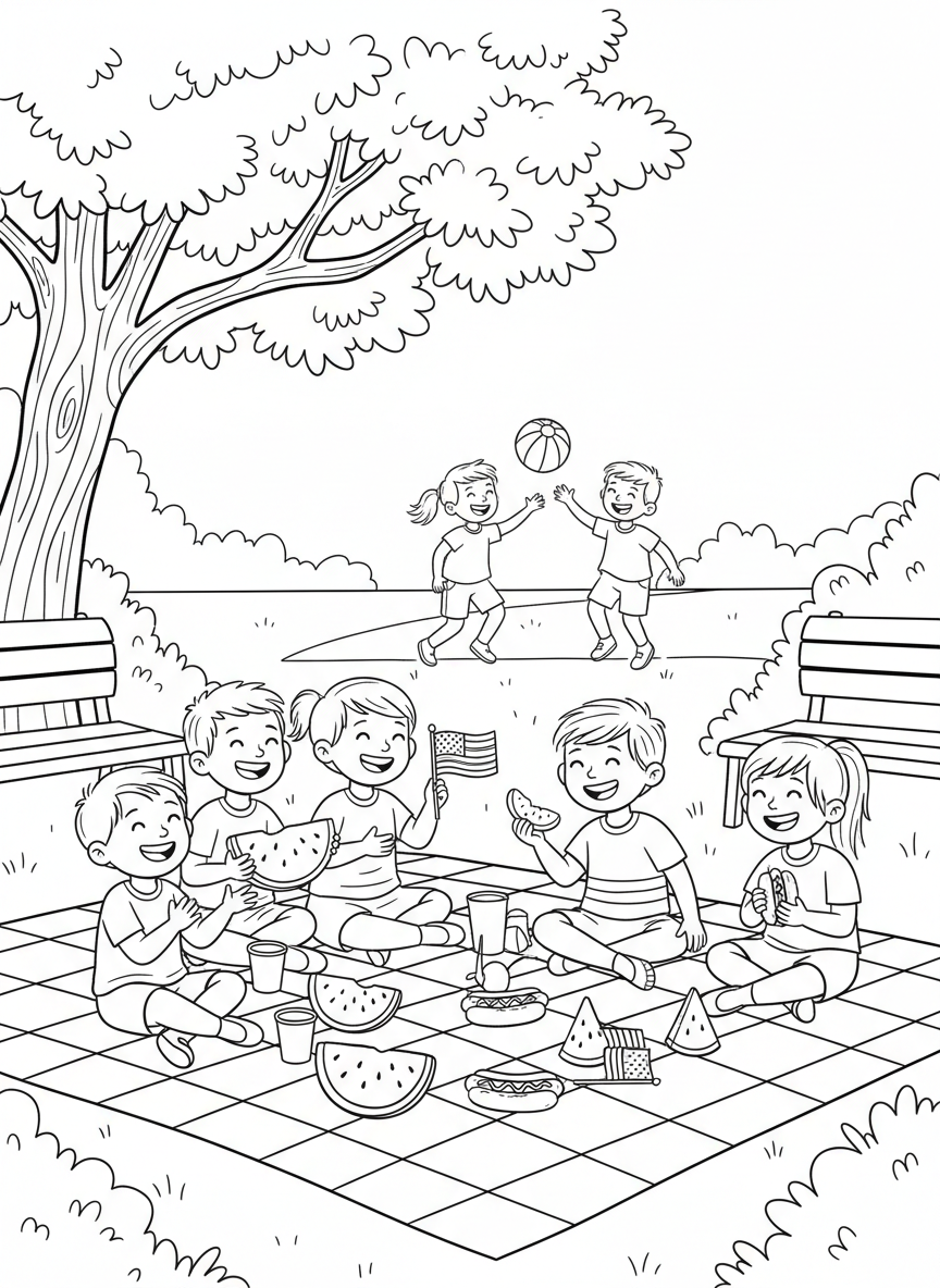 Happy children having a picnic on a blanket with watermelon slices, hot dogs, and American flags, celebrating outdoors in a park