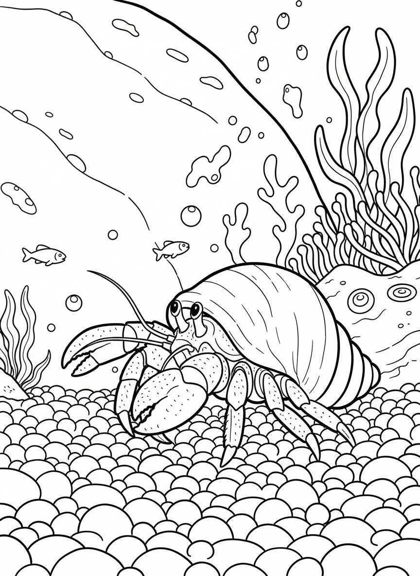 Underwater tide pool view showing a hermit crab on the sandy bottom with floating plankton and small fish above.