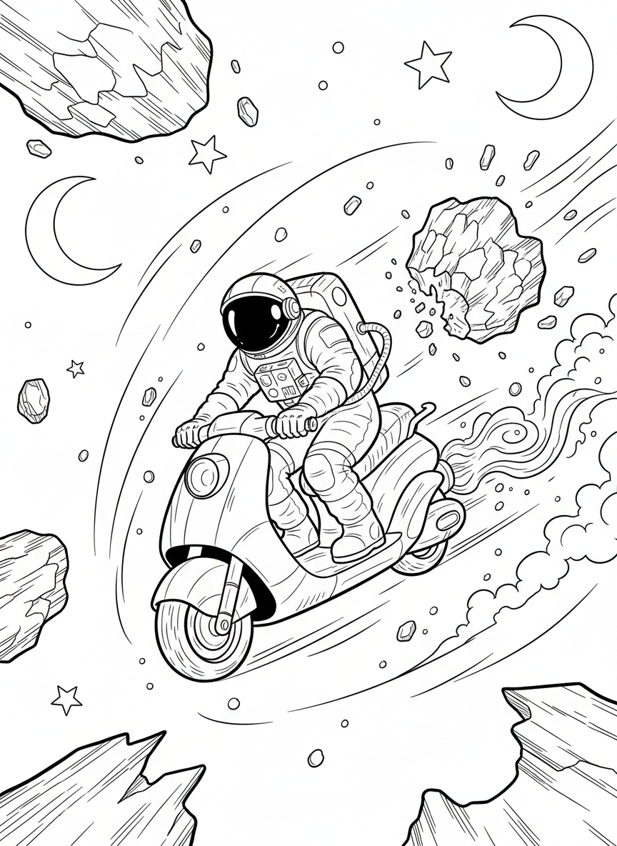 An astronaut riding a space scooter between asteroids, action-packed scene with dynamic movement.
