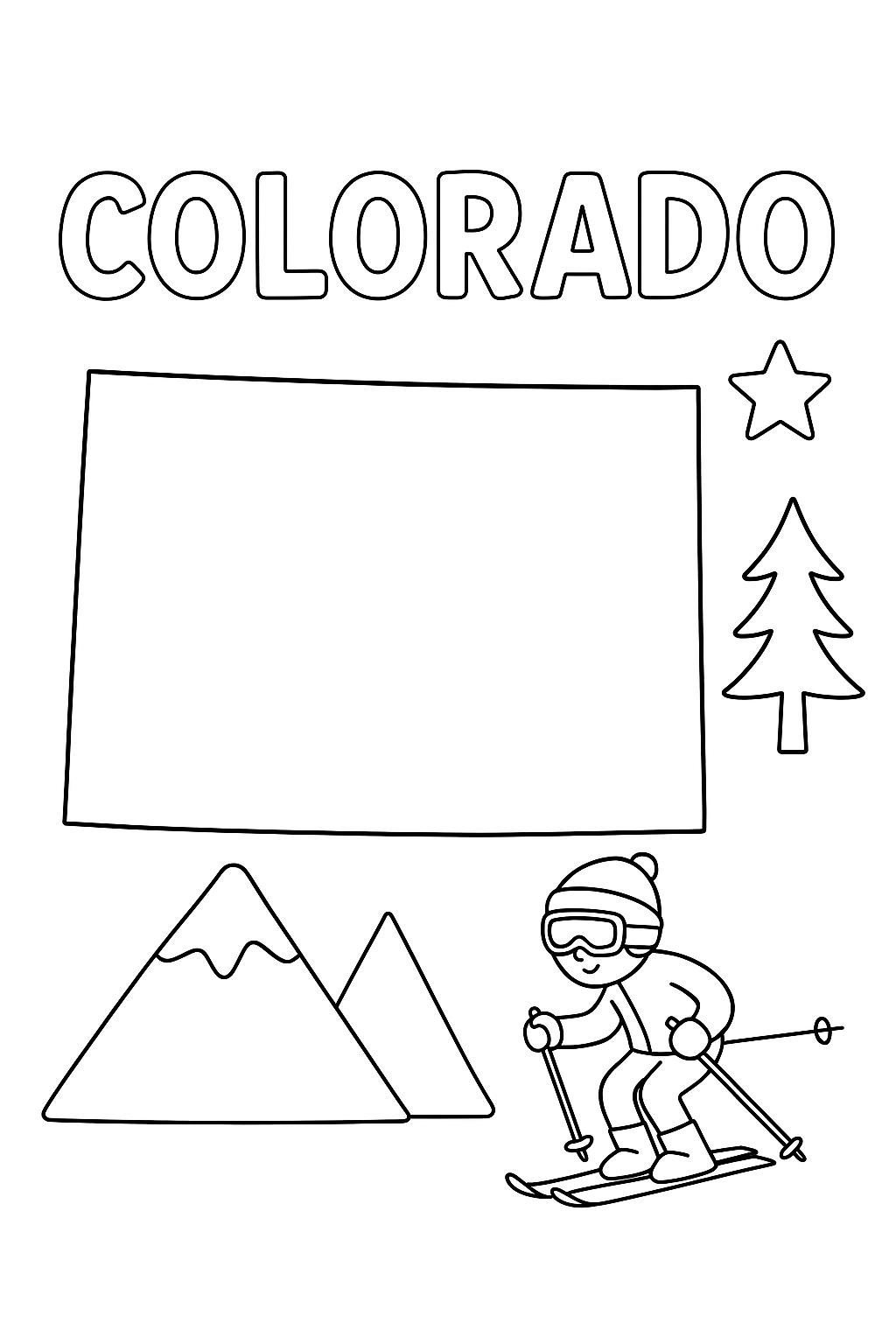 Write “Colorado” once at the top in outlined letters. Make the map outline large and centered. Add one mountain, one pine tree, one skier, and one star icon in corners.