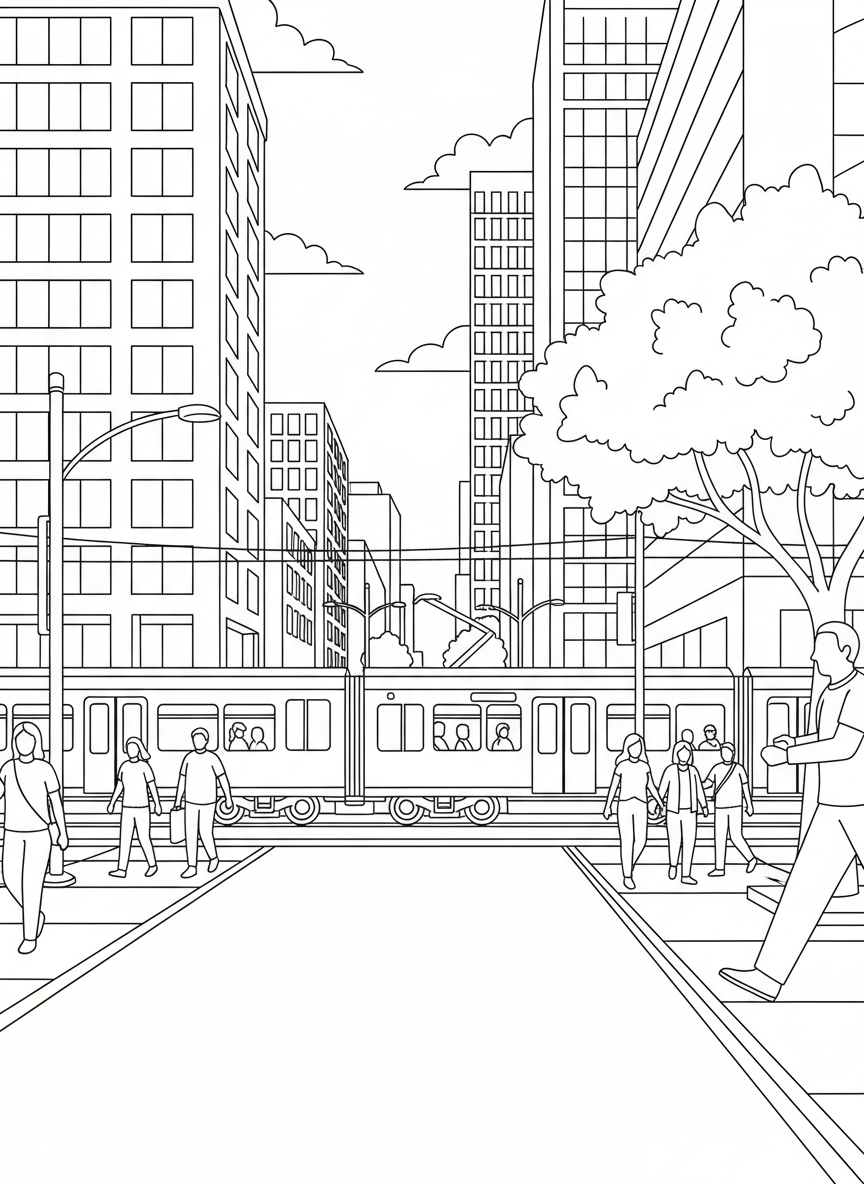 Downtown Houston street scene with a light rail train, pedestrians, and buildings, urban landscape for coloring