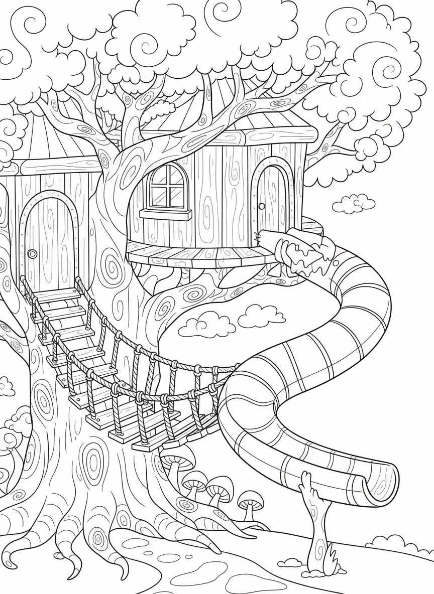 A simple treehouse with a rope bridge entrance and a slide exit on the other side, playful symmetrical design for young colorists.