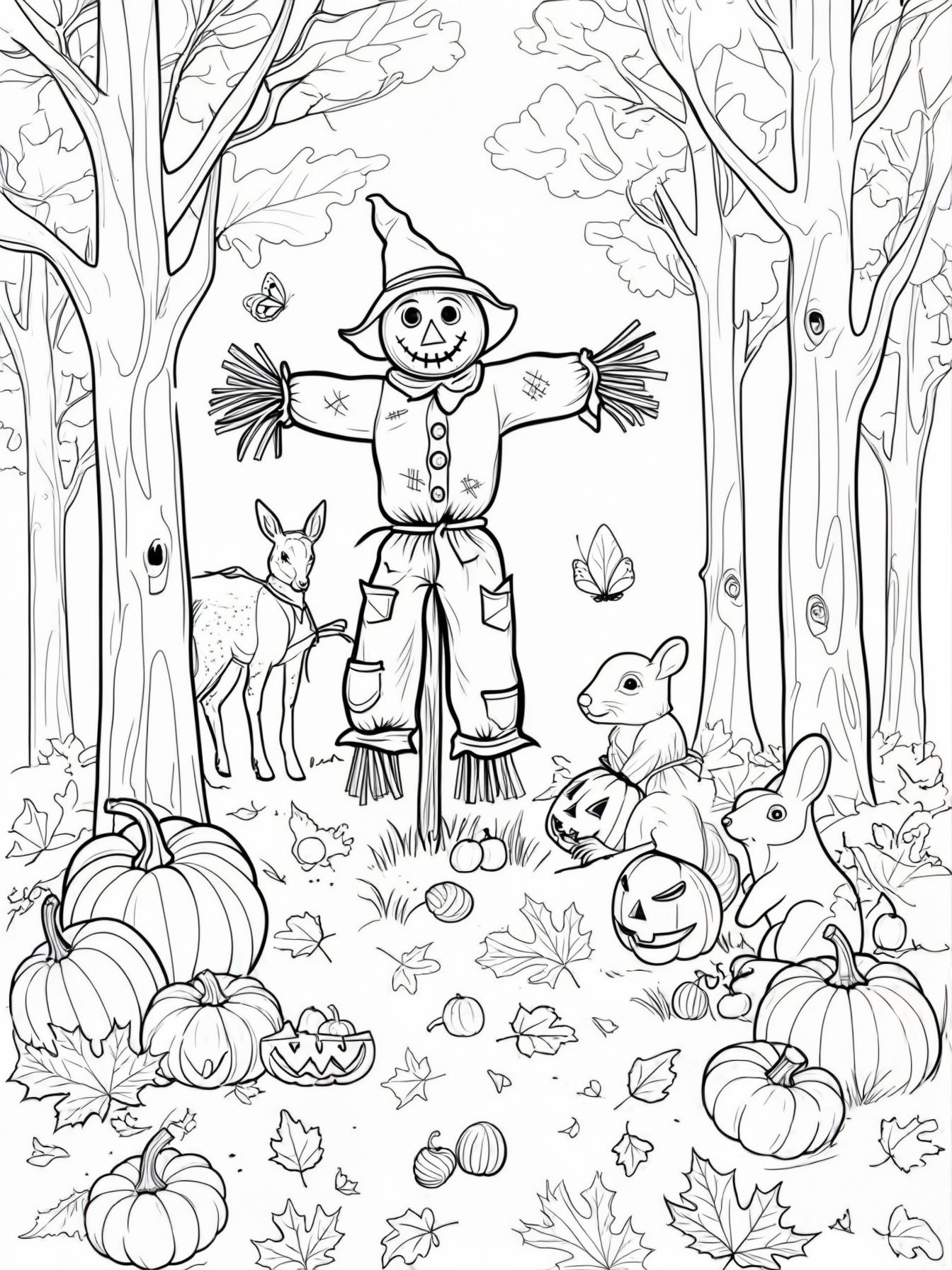 Forest scene with pumpkins, scarecrow and woodland animals