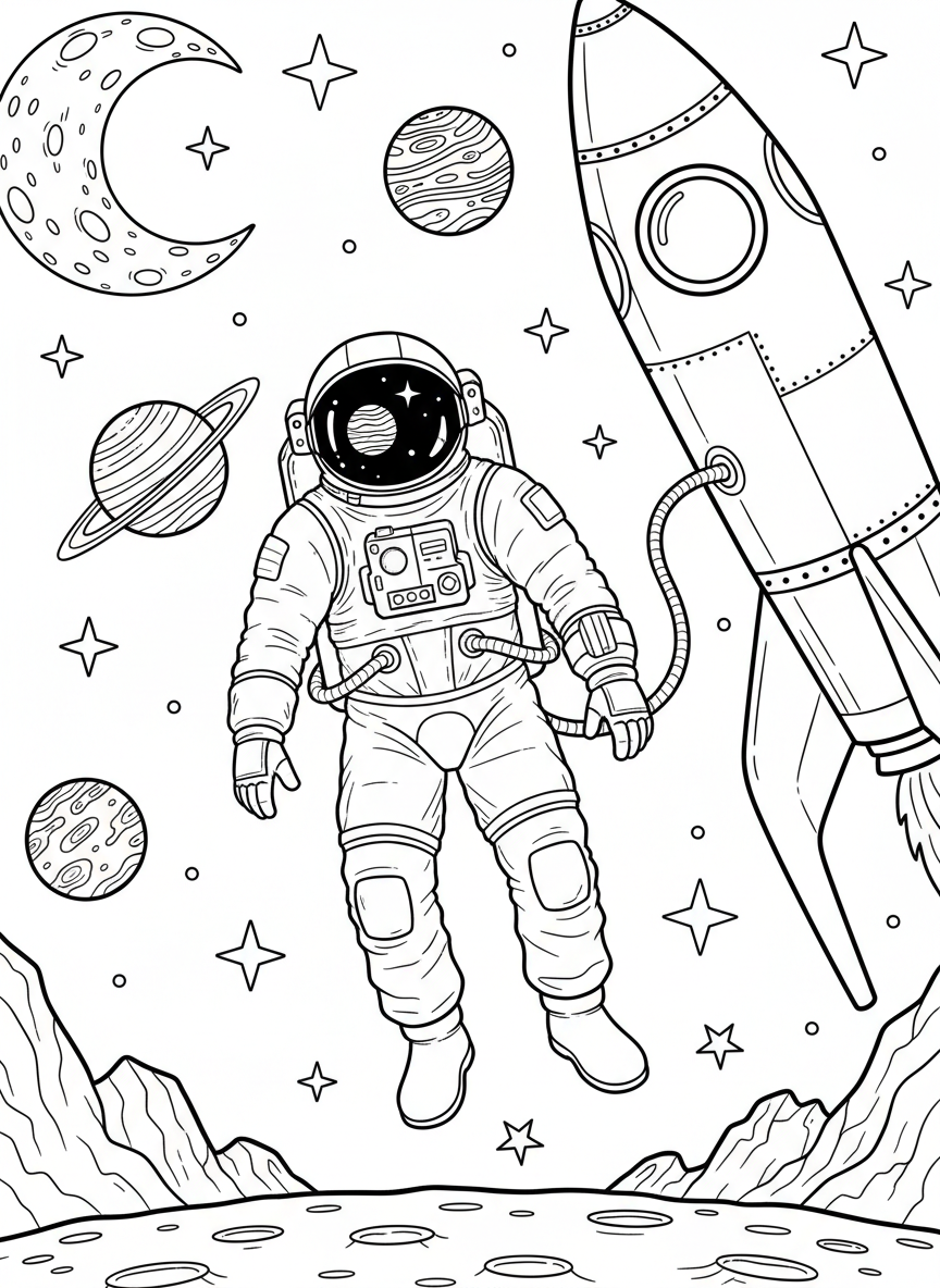 An astronaut floating in space near a rocket ship, with stars and planets in the background, featuring bold outlines suitable for coloring.