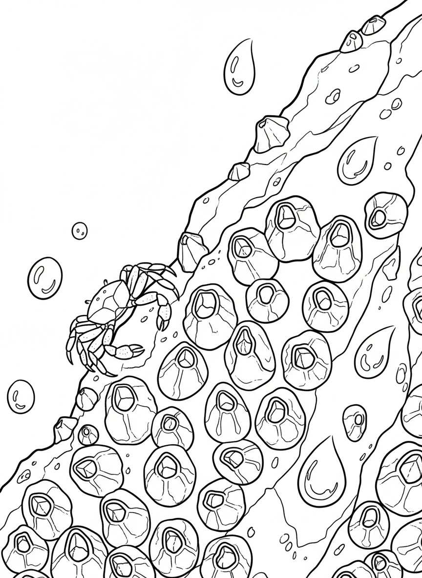 A close-up of barnacles clustered on a rock with a small crab climbing over them and water droplets around.