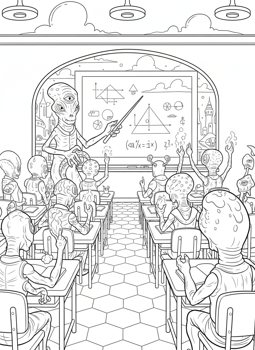 A classroom scene with alien students sitting at desks, raising their various appendages, and a teacher alien at a chalkboard