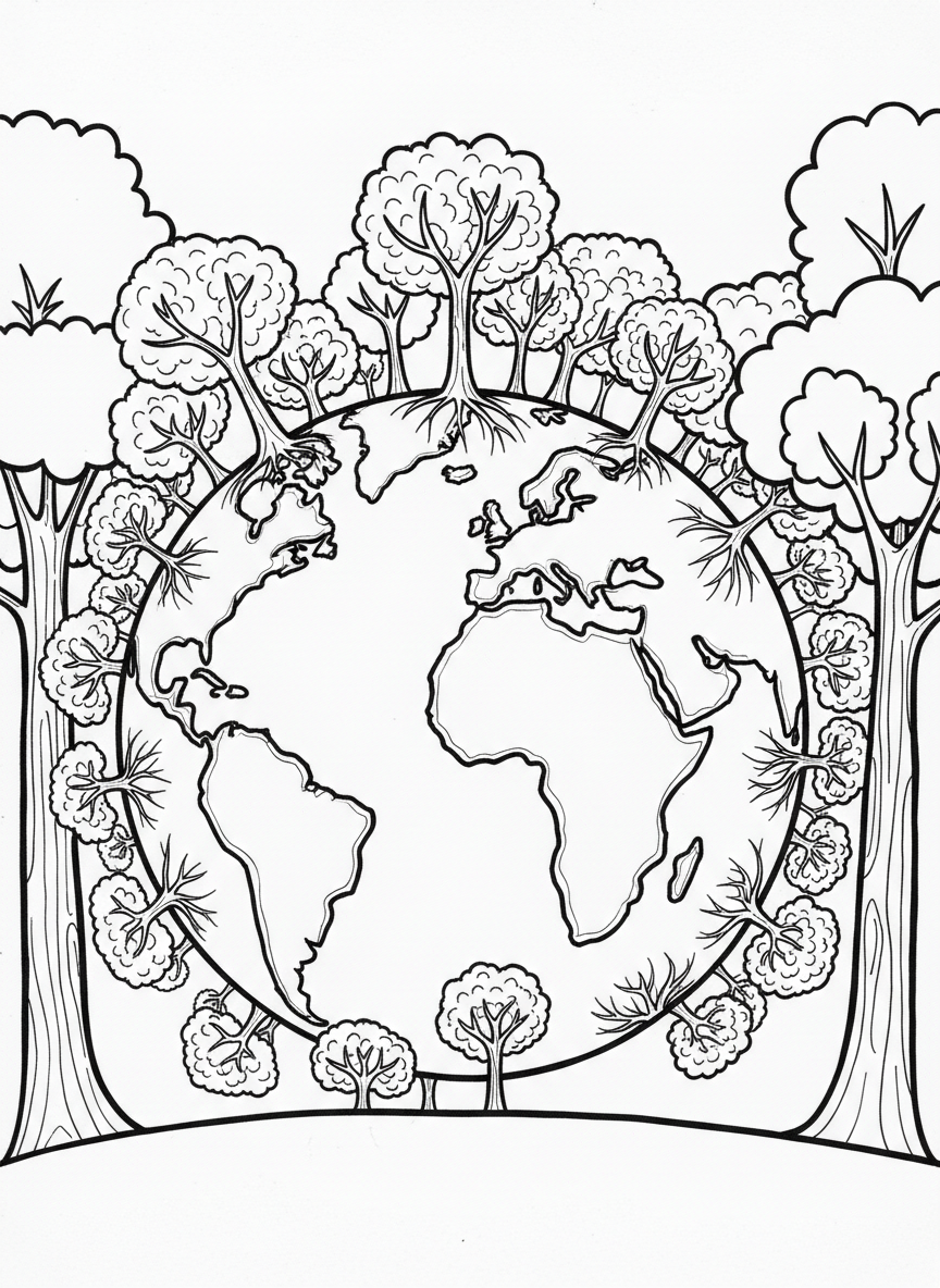 A globe or Earth with trees growing all around it, symbolizing worldwide environmental care and tree planting.