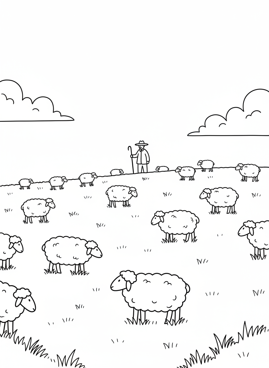 A wide pasture with sheep scattered across a grassy hill, a shepherd watching nearby, and clouds drifting across a bright sky.
