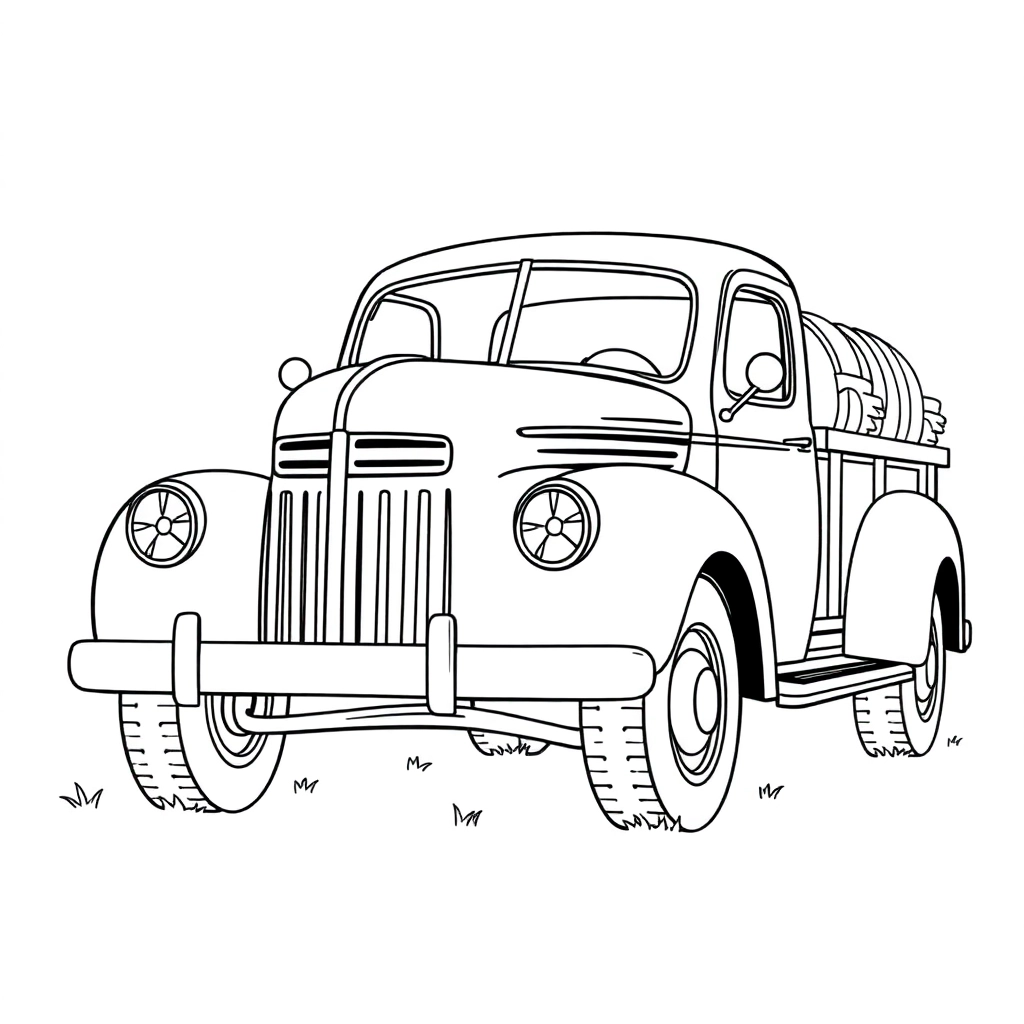 Classic pickup truck from the 1940s carrying hay bales, illustrated as a children’s coloring page.